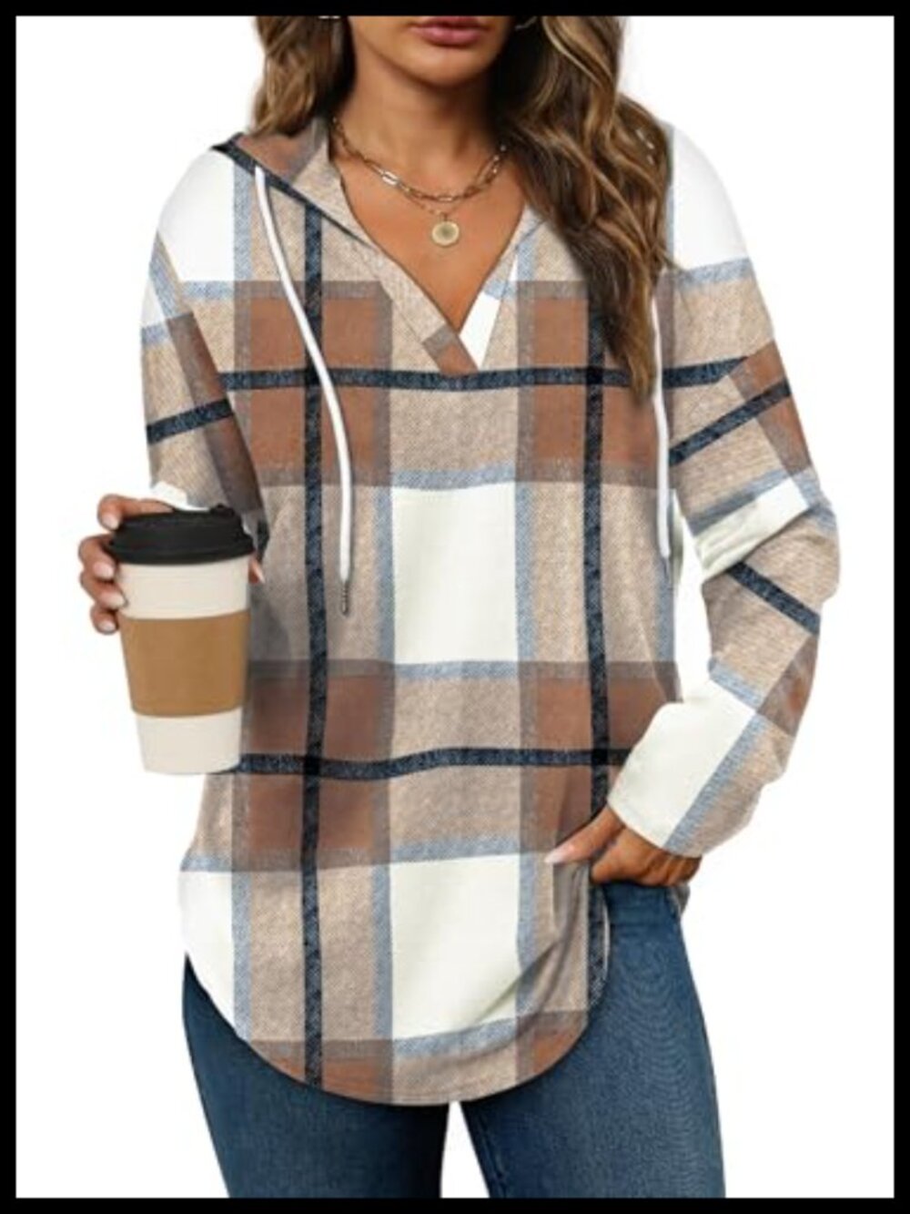 Womens Oversized Plaid Hoodie Long Sleeve Loose Fit Pullover Sweatshirt